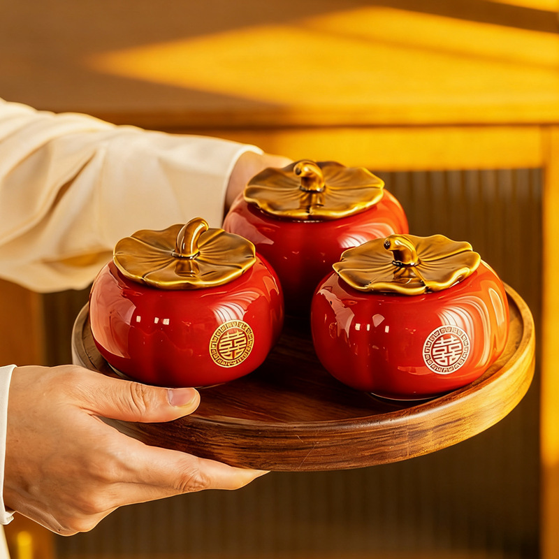 New Chinese Style Wedding Candy Jar Persimmon Small Medium Ceramic Jar Sealed Jar Wedding Gift Gift Box Wholesale Ornaments Gift Giving