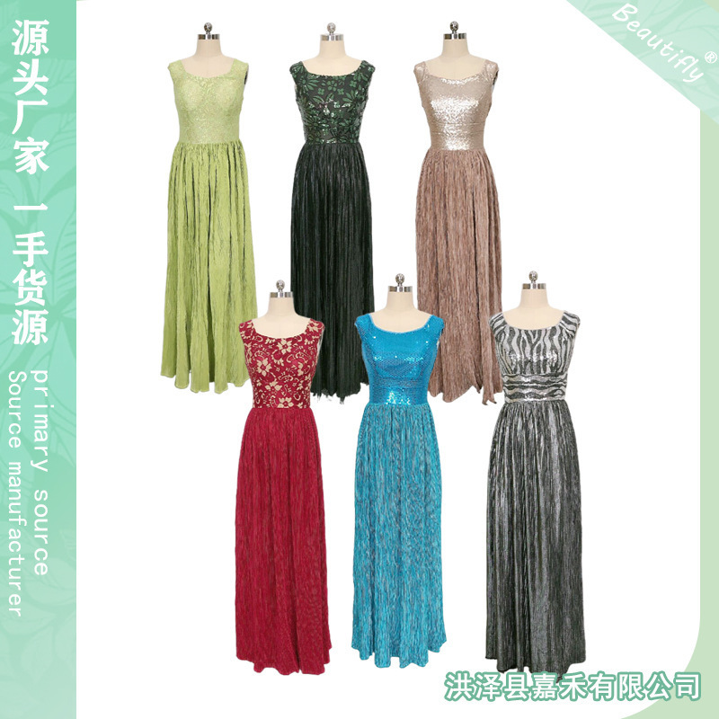 Cross-border source factory foreign trade new elegant slim sequins pleated ladies fashion long evening dress bridesmaid