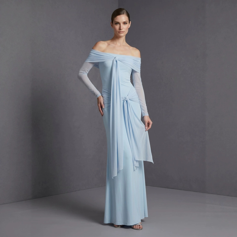 Light Blue One-Shoulder Twisted Ribbon Dress for Women, Summer Slim-Fit Bodycon Elegant Long Dress, Evening Engagement Dress
