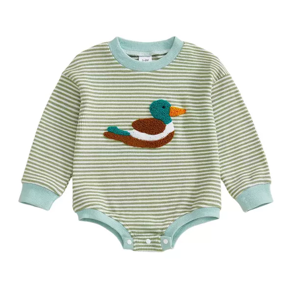 Amazon's New Product Boys' Waffle Stripesd Big-Mouthed Duck Embroidered Long-Sleeved Jumpsuit - Factory Direct Sale