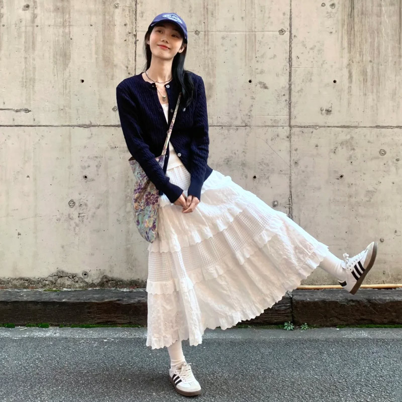 White High-Waisted A-Line Midi Skirt for Women, Spring/Summer 2026 New Style, Gentle Style, Petite, Puffy Tiered Skirt