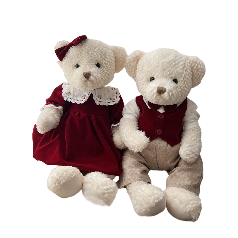 Vintage de alta calidad vestido de terciopelo rojo Teddy Bear muñeca de peluche pareja Teddy Bear muñeca de boda
