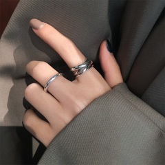 韓版S925銀線條交叉戒指女復古時尚簡約素圈開口指環多層食指戒潮
