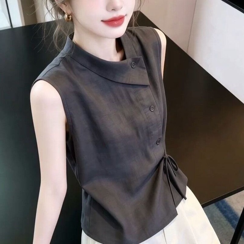 Sleeveless Tops for Women, New Fashionable French-Style Shirts with Doll Collars, Chic Tops, Popular Lace-Up Blouses