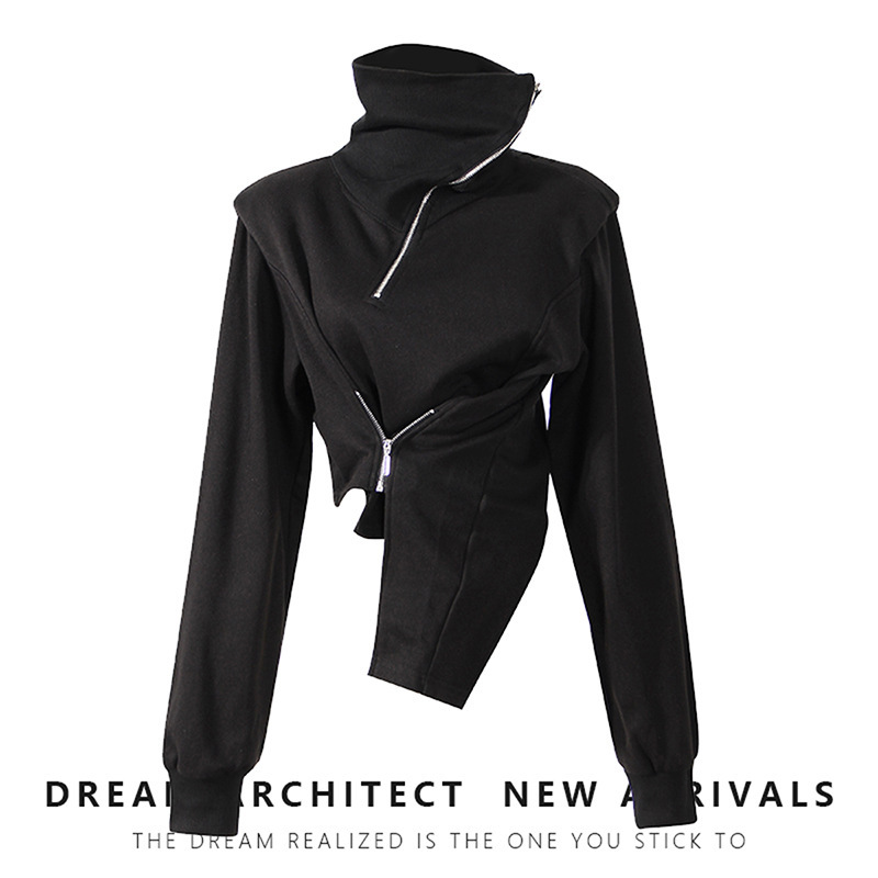 Casual Short Top for Women 2023 New Style with Diagonal Zipper, High Neck, Irregular Hem, Waist-Cinching Long Sleeve Sweatshirt