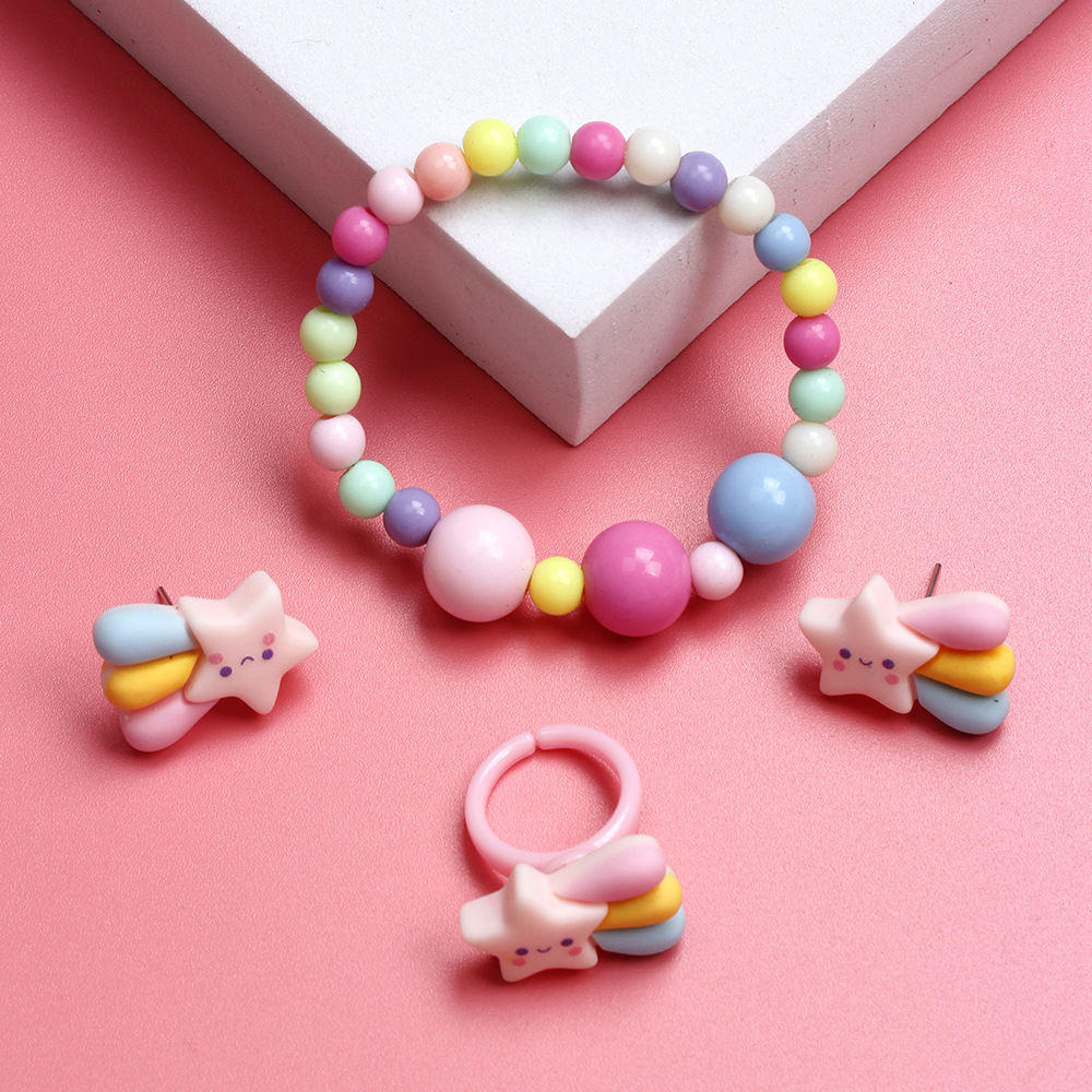 Cute Rainbow Resin Beaded No Inlaid Rings Bracelets Earrings 3 Piece Set display picture 2