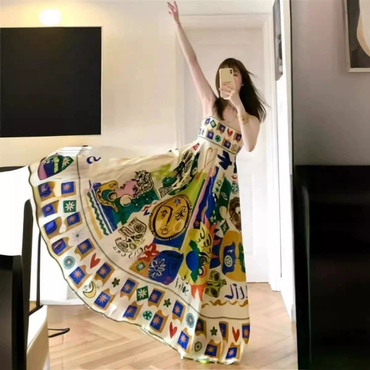 Нишевое платье на подтяжках с принтом граффити для женщин, летнее новое ретро-отпускное платье в этническом стиле с облегающей талией, морское пляжное платье