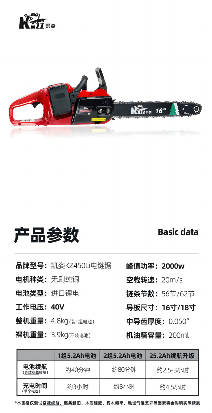 KZ450Li凯姿充电电锯16寸电链锯户外砍树锂电池家电伐木