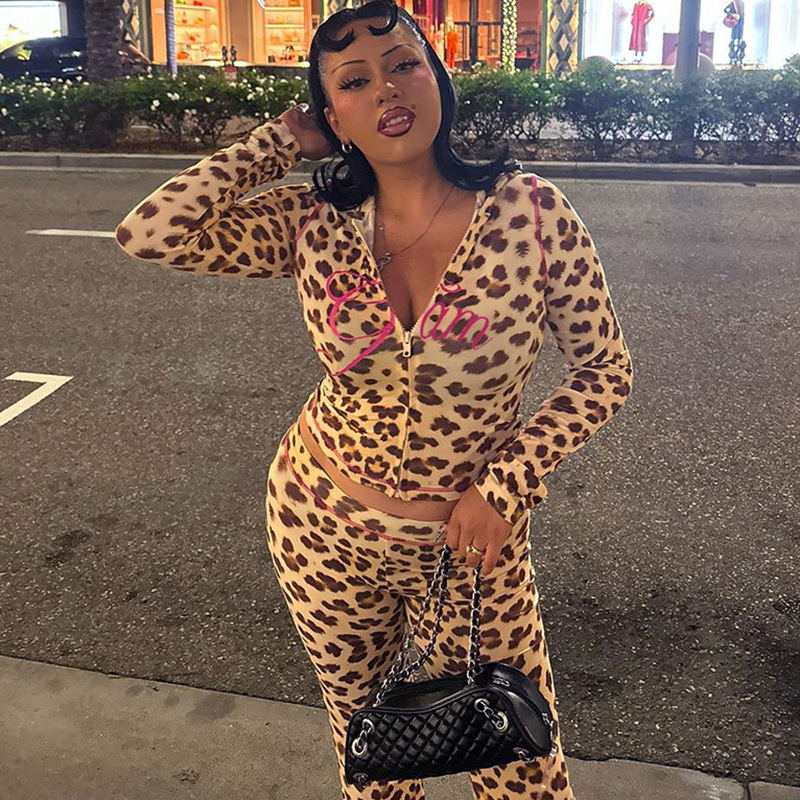 Cross-Border European And American Style 2024 Summer New Printed Hooded Cardigan Top Leopard Print High Waist Tight Long_ecoleips.com