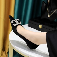 237-K78 banquet women's shoes with a slim heel, shallow mouth, pointed toe, suede, velvet, metal rhinestone buckle, single shoe
