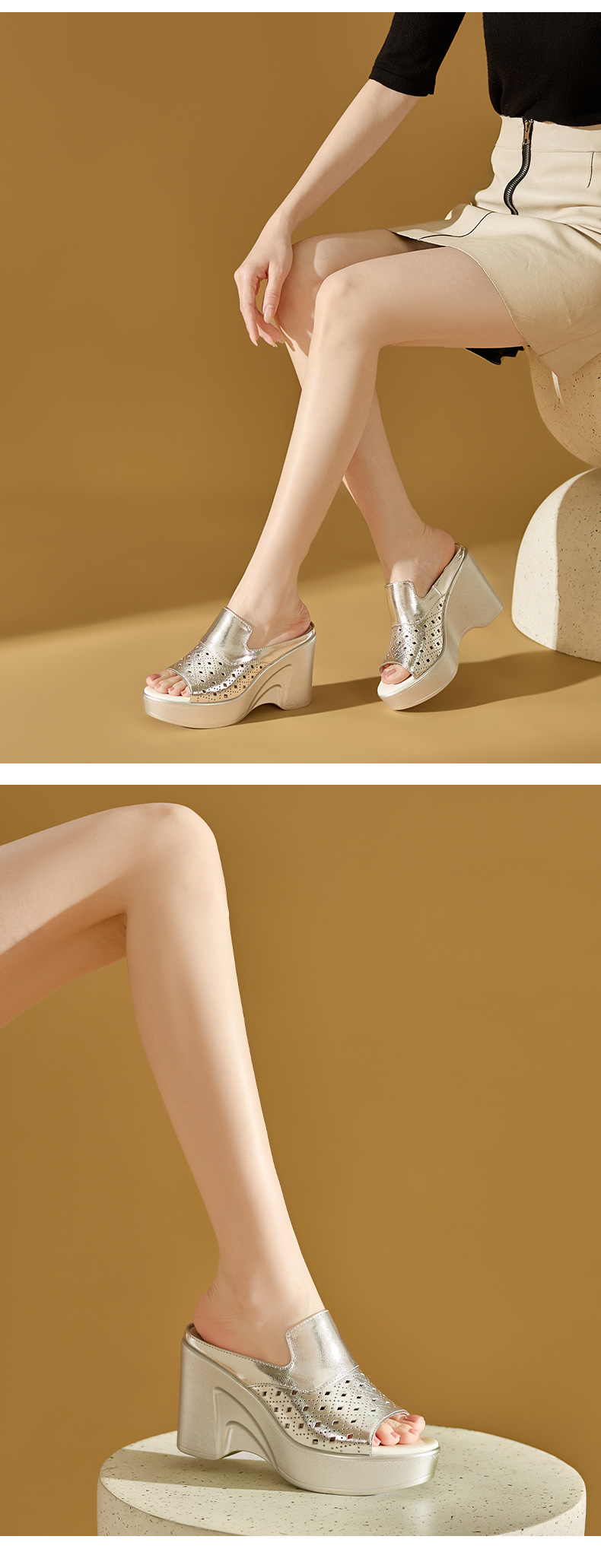 Dép sandal nữ quai ngang đế xuồng cao gót 9 cm da PU lỗ rỗ — màu vàng, bạc chi tiết 9