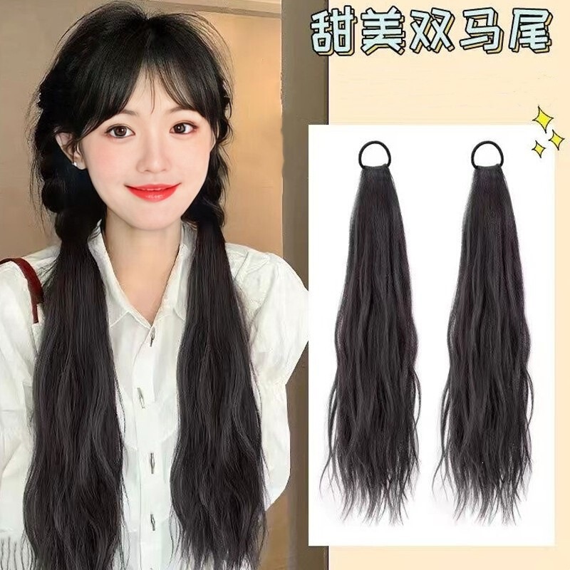 Fake Ponytail Braids with Realistic Tie-On Style, Slightly Straight Double Ponytails with Water Wave Texture, Can Be Tied with Hair Ties, Low Ponytail Hairpiece Fake Ponytail Braids with Realistic Tie-On Style, Slightly Straight Double Ponytails with Water Wave Texture, Can Be Tied with Hair Ties, Low Ponytail Hairpiece