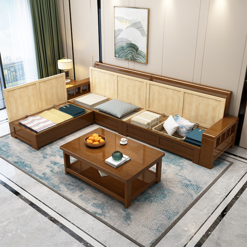 Solid wood sofa modern simple Chinese style living room wooden large and small apartment winter and summer dual-use storage combination fabric sofa