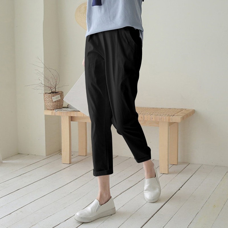 Women's High-Waisted Harem Pants 2026 Spring/Summer Casual Elastic Waist Cotton Linen Cropped Trousers Versatile Fashion_ecoleips.com