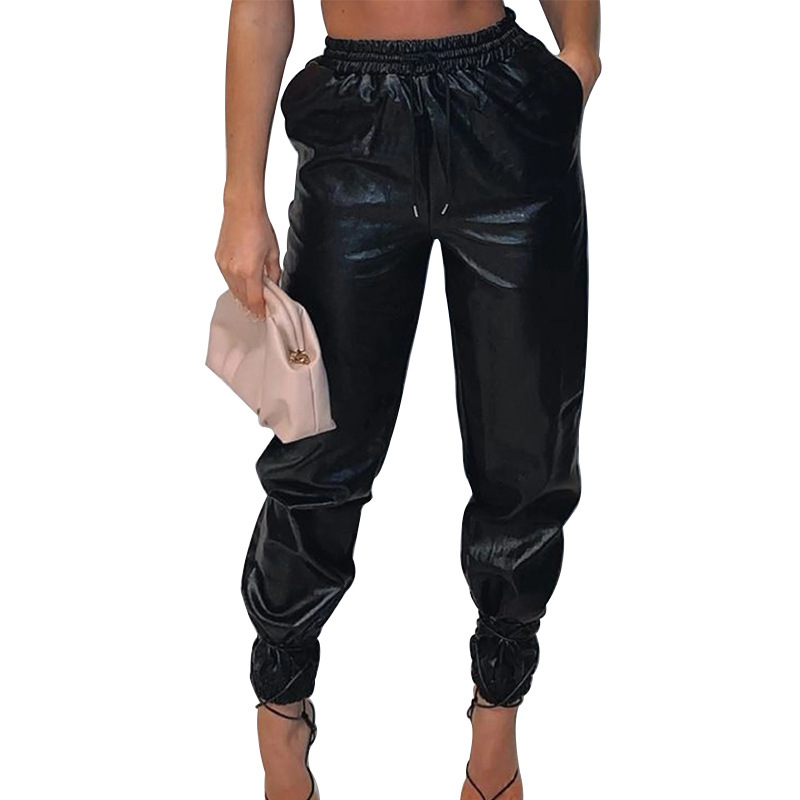 Mid-Waist Pockets Solid Color Casual Long Leather Pants NSHM105944