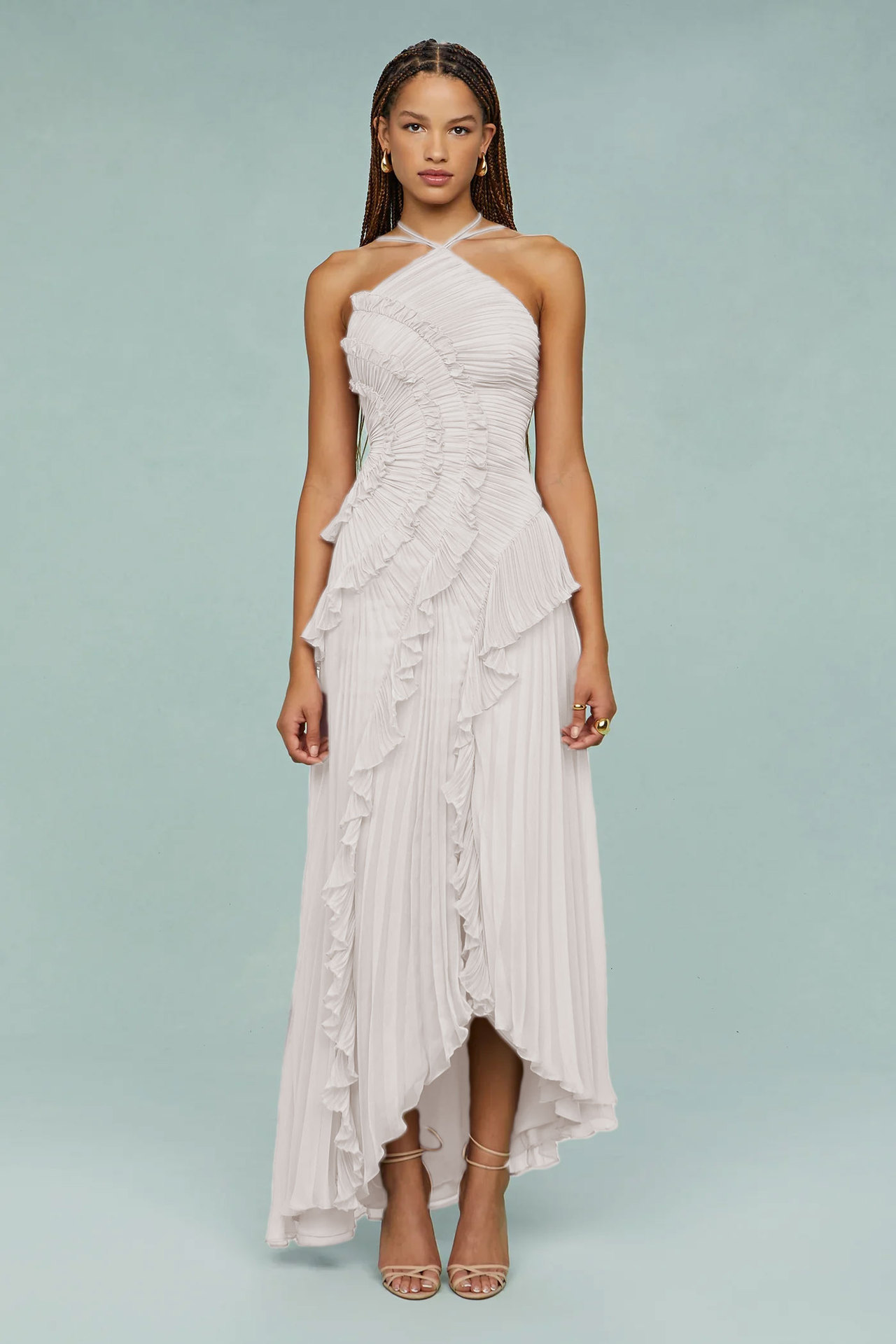 Elegant Chiffon Wrap Neck Maxi Dress With Ruffles & Backless Design For Vacation & Party,Enhances Your Curves While Elongating Your Silhouette._ecoleips.com