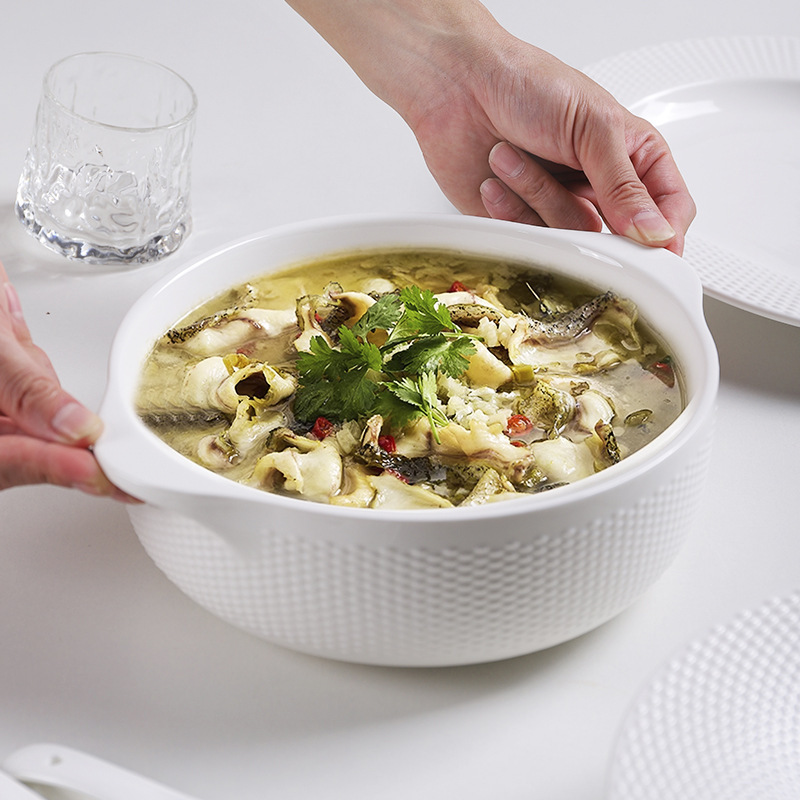 Double-Ear Ceramic Soup Bowl with a Granular Texture, Non-Slip, White, for Home Use, Suitable for Sauerkraut Fish, Multi-Purpose Large Bowl
