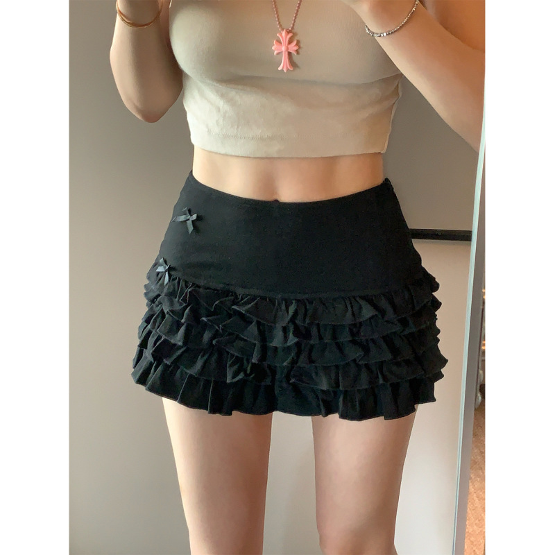 跨境出门新宠~蝴蝶结黑色半身裙女高腰甜辣a字小个子边蓬蓬蛋|undefined