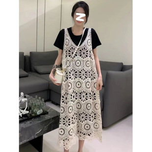 Plus Size Women's Suit Women's New Simple Style Crocheted Cut Out Cotton/Cotton Vest Skirt Layered Short-Sleeved Bottoming Skirt