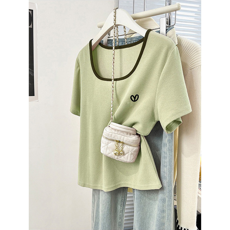 Unique Square-Neck Color-Block Pure Cotton Short-Sleeve T-Shirt for Women, 2026 New Fashion Versatile Stylish Top for Summer