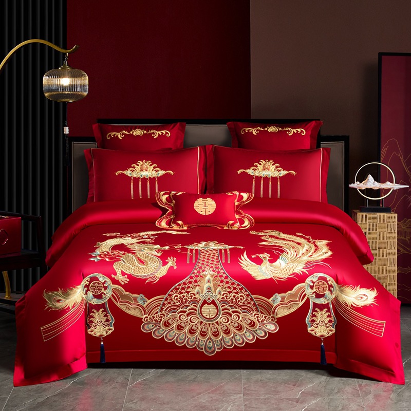 algodón molido de alta gama, bordado de bodas, algodón puro, cuatro piezas, ropa de cama de boda roja, lujo ligero