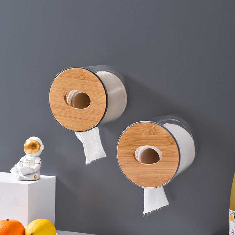 Cubierta de madera de bambú caja de pañuelos de lado redondo creativo doble bombeo tubo de papel cocina baño rollo de papel tubo de almacenamiento