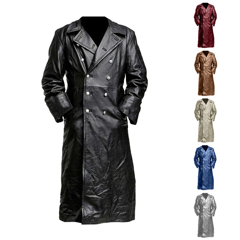 Foreign Trade Cross-Border Pu Leather Amazon Autumn and Winter Vintage Leather Men's Medieval Long Leather Trench Coat Men's Clothing