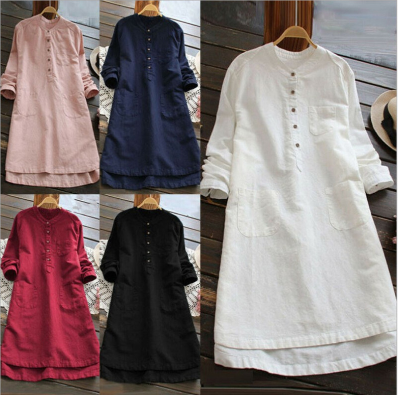 24 Cross-Border European and American Large Size Loose Slimming Look Round Neck Long-Sleeved Pure Color Cotton and Linen Dress for Home Women in Stock