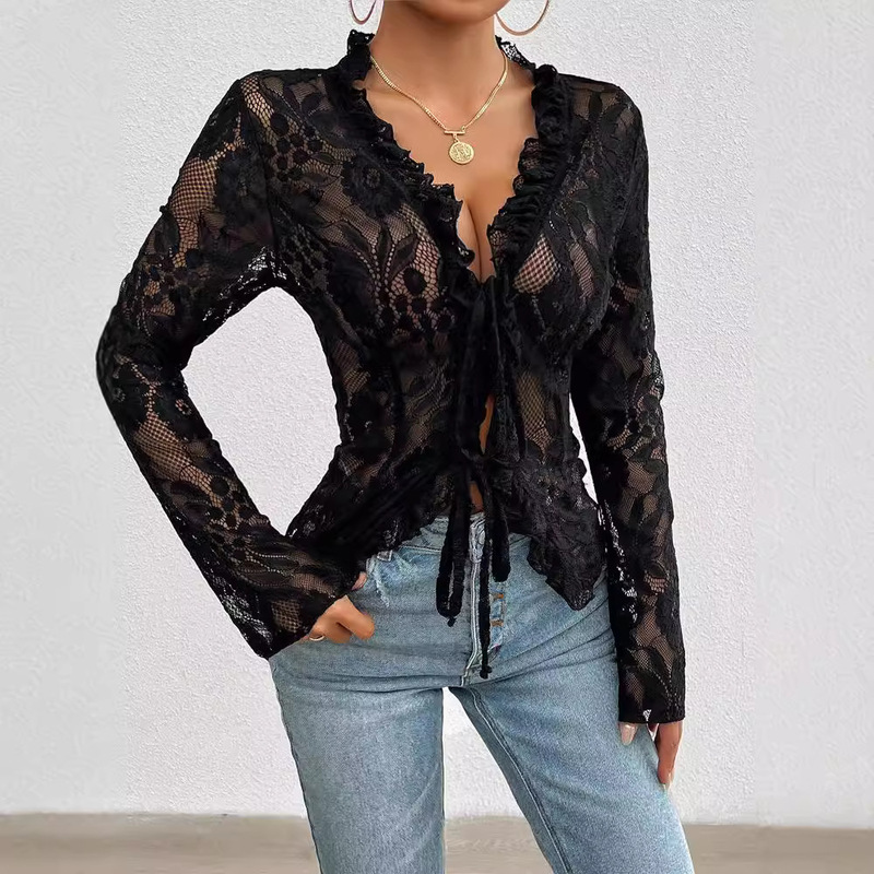 Cross-border foreign trade women's top independent station 2024 autumn sexy slim long sleeve lace cardigan lace top women Cross-border foreign trade women's top independent station 2024 autumn sexy slim long sleeve lace cardigan lace top women