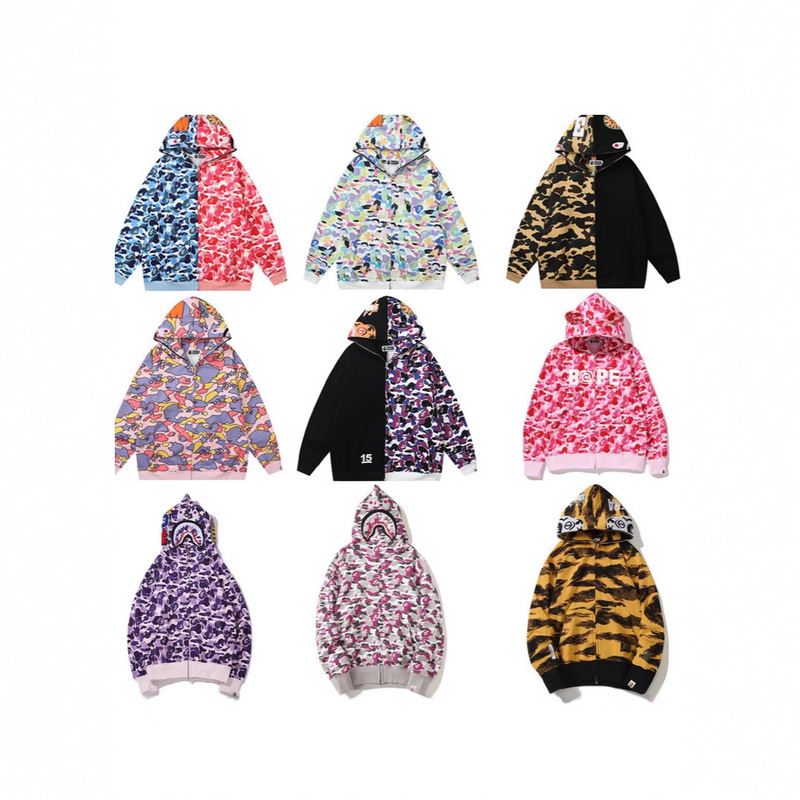 Cross-Border Export New Bapee Shark Camouflage Hooded Cardigan Zipper Trendy Brand Double Hood Men's and Women's Sweatshirt Jacket Trendy Cross-Border Export New Bapee Shark Camouflage Hooded Cardigan Zipper Trendy Brand Double Hood Men's and Women's Sweatshirt Jacket Trendy