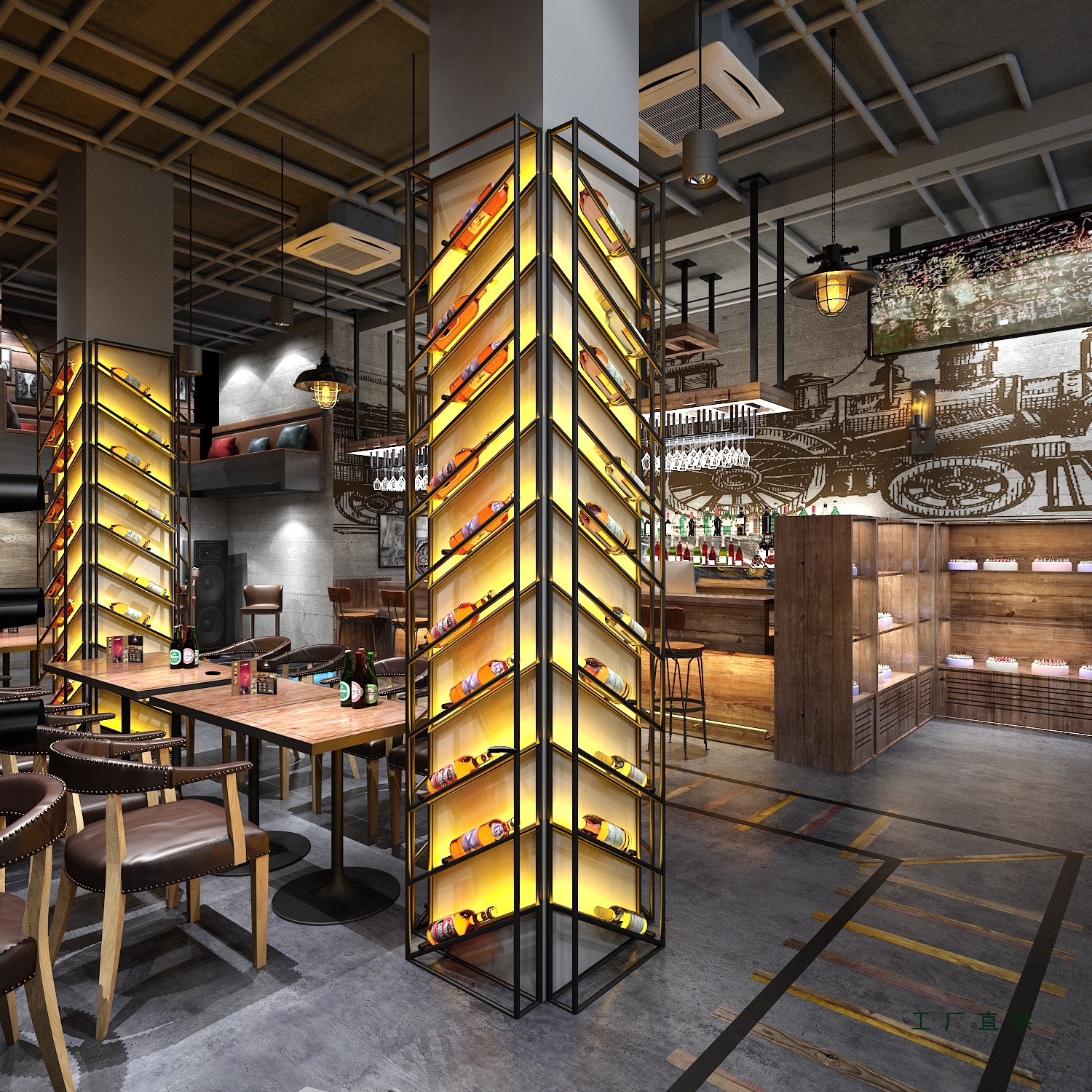 Industrial Style Bar Column Storage Wine Rack Commercial Wall Hanging Decorative Beer Display Stand Luminous Wine Cabinet