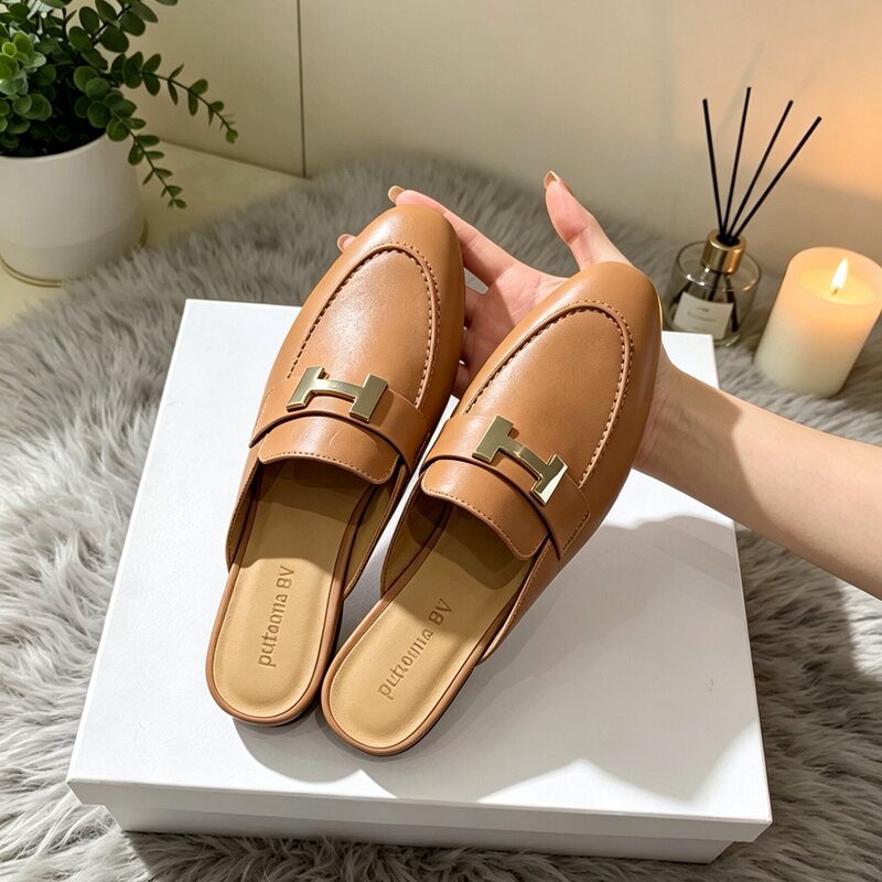 French-Style H Buckle Flat Slippers for Women 2026 New Genuine Leather Slip-On Mules Commuting Lazy Mules Closed-Toe Half Slippers