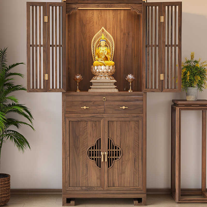 Solid Wood Double-layer Shrine Cabinet New Chinese-style Buddhist Shrine Land Master Cabinet Ancestor Guanyin Buddha Cabinet God of Wealth Vertical Cabinet Shrine Cabinet
