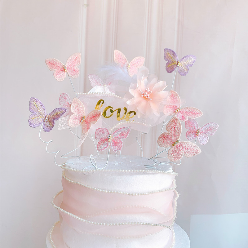 Creative pearl ribbon embroidery butterfly and flower 520 cake…