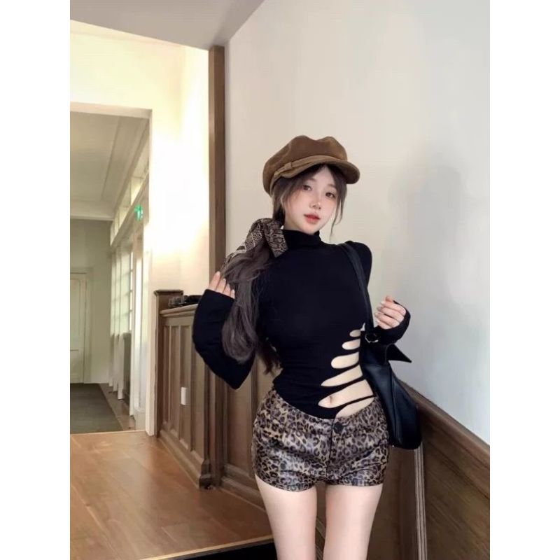 아메리칸 스타일 블랙 긴팔 신작 티셔츠 봄, 가을 핫걸 섹시한 디자인 슬림핏 중공 터틀넥 탑