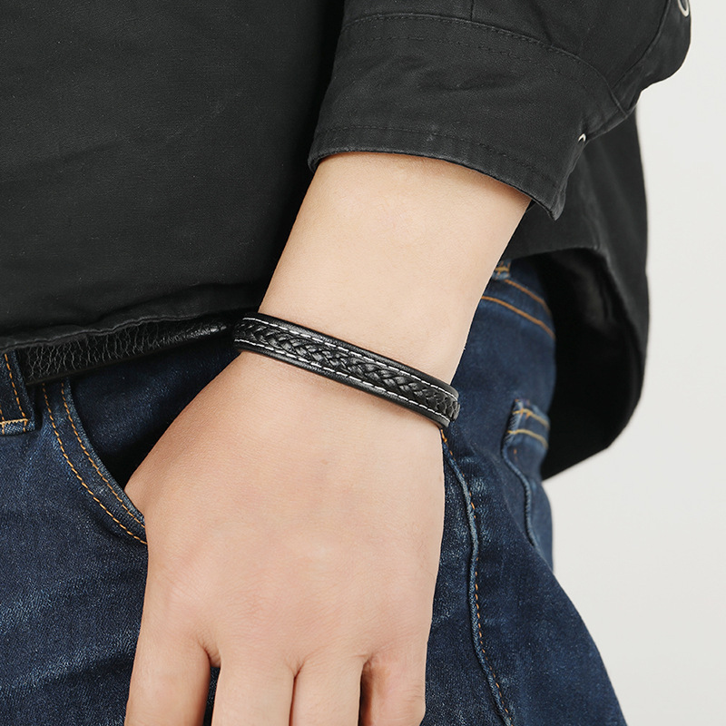 simple casual black woven leather bracelet