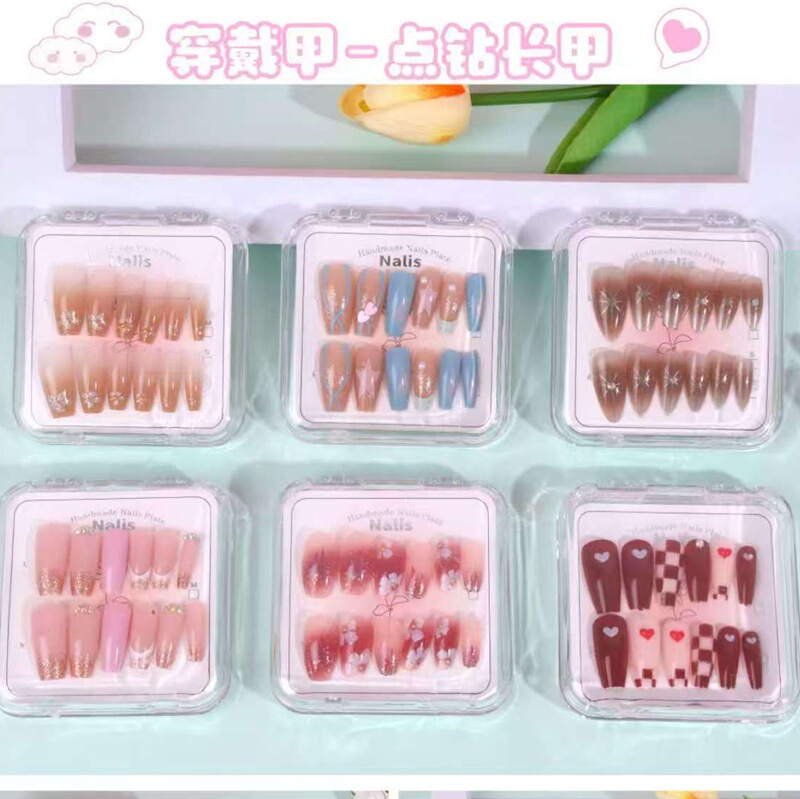 New Two-Yuan Store Fashion Wearable Fake Nail Patches Manicure Patches for Female Students with Sparkling Diamond Bow Nail Patches