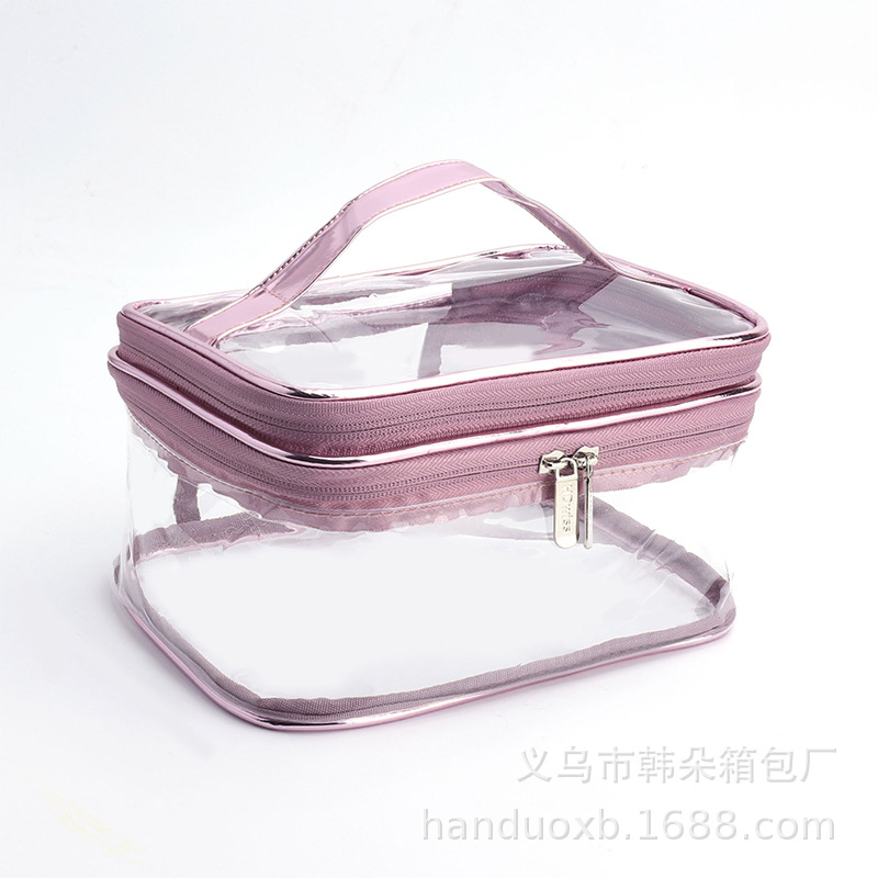 Double layer laser colorful Pu cosmetic bag PVC transparent waterproof wash bag handbag printed logo