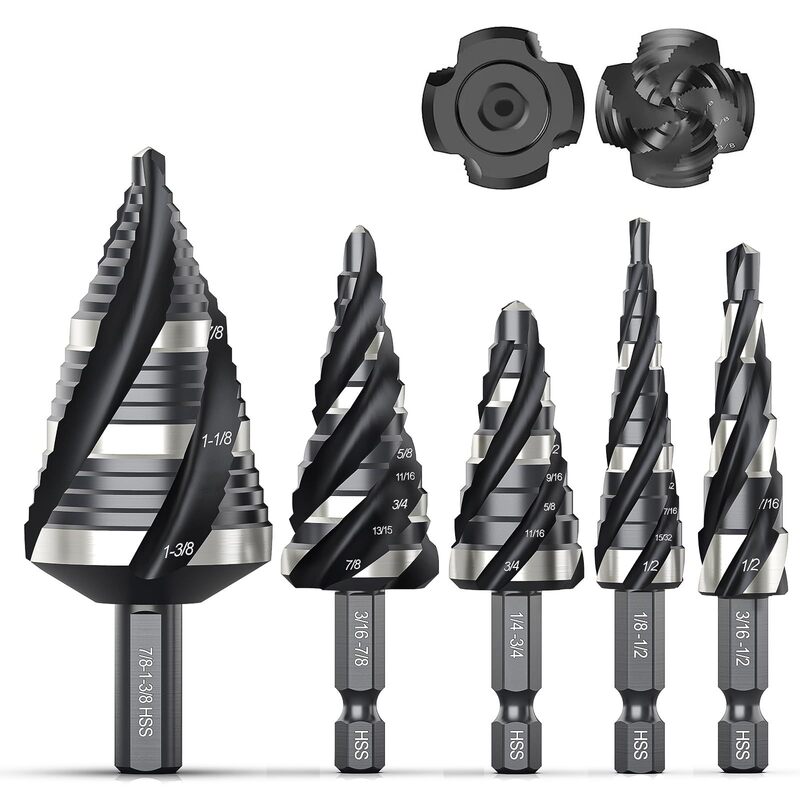 5PCS四螺旋槽阶梯钻头套装 1/8"-1-3/8" 1/4"3/8"高速钢金属钻头|undefined