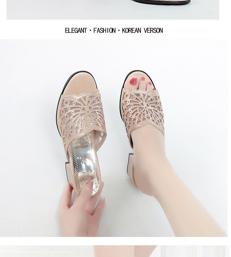 Dép sandal nữ gót vuông đính đá lấp lánh phong cách thời trang — Màu vàng chi tiết 12