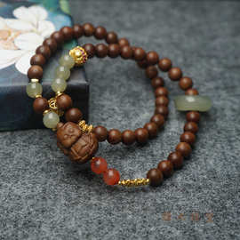 天然老山檀檀香雕刻件太乙真人设计款双圈手串原创文玩