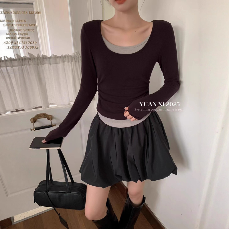 小众设计感个性撞色假两件修身羊绒打底衫女早秋新款韩版气质显瘦|undefined