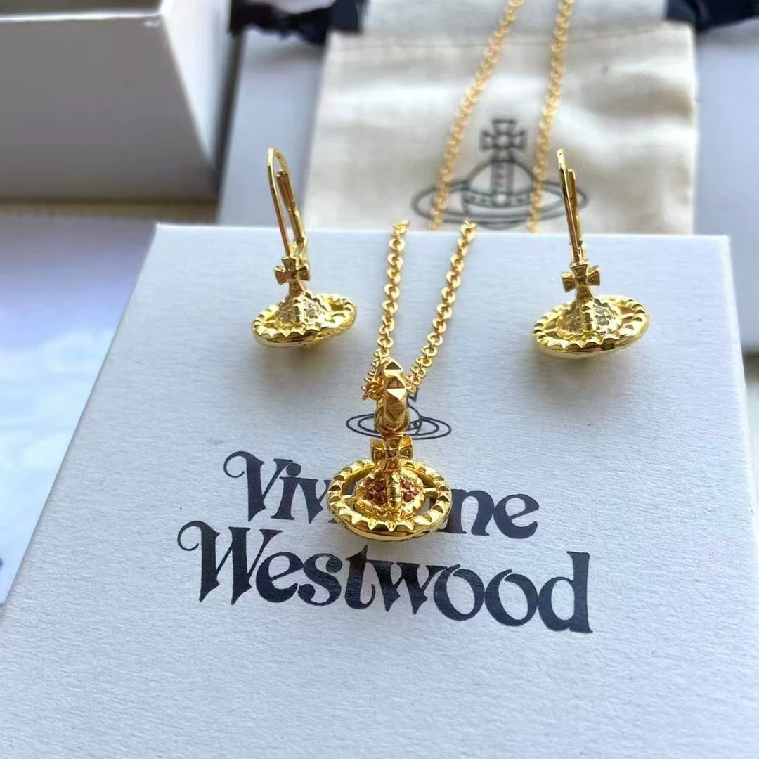Высокая версия: королева мать трёхмерная планета rivet инlaid Diamond necklace earrings women Vivian personality fashion factory wholesale