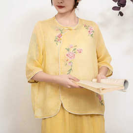 2026夏季新款文艺国风刺绣衬衣宽松立领塔头苎麻T恤衫斜襟茶服女