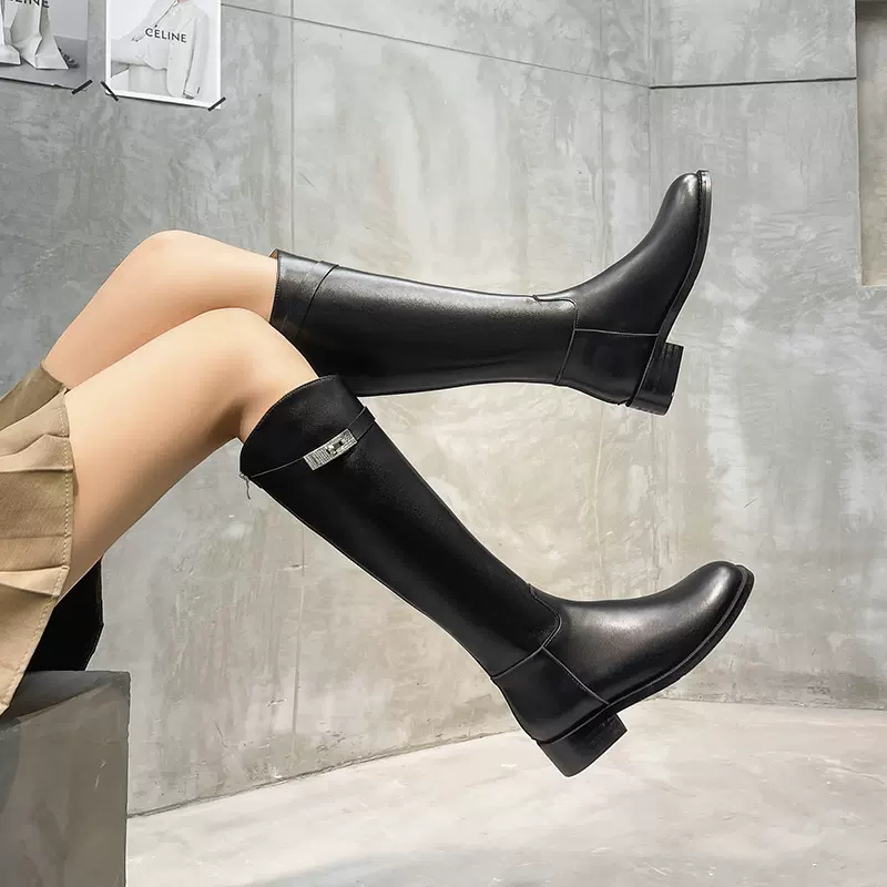 真皮厚底长筒靴女2025年秋冬新款粗跟钻扣高筒骑士靴不过膝长靴女