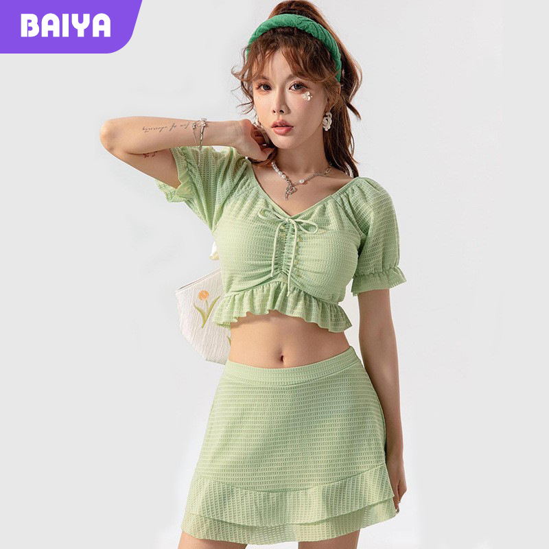 Trajes de baño de mujer de dos piezas de verano conservadores, ropa de baño de vacaciones de color sólido, viento rojo y delgado