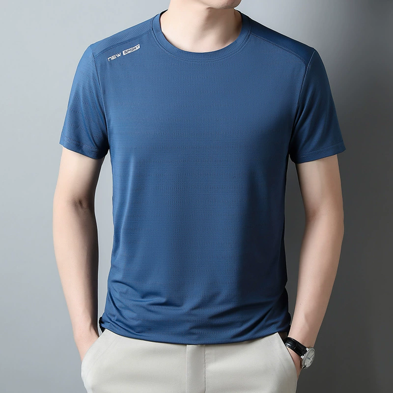 Летний новый ледяной шелк стильный минималистский принт индивидуальность холодный и дышащий круглый воротник дикая повседневная футболка с короткими рукавами для мужчин