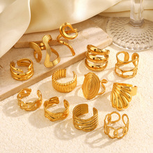 欧美跨境夸张厚重几何个性不锈钢戒指女开口ins风18k镀金手饰批发