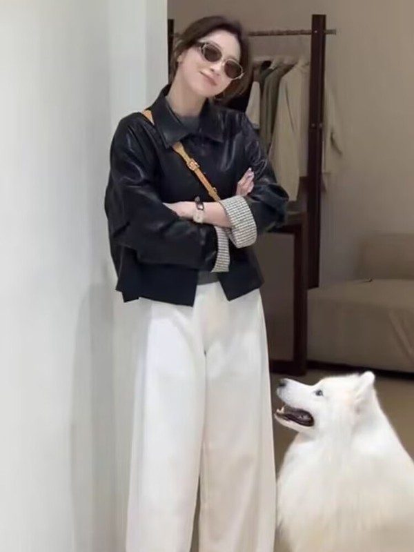 厂家直销欧货设计感POLO领短款皮衣外套女25秋小个子格纹袖口夹克|undefined