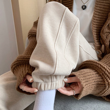 冬季运动裤女春秋冬2025年新款宽松束脚加绒卫裤休闲白色针织裤子